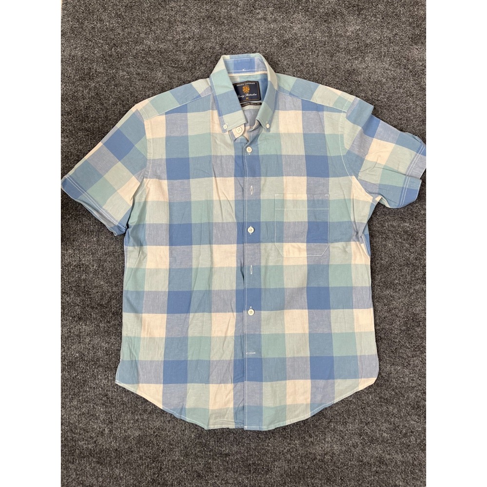 Brook Taverner Linen Cotton Classic Fit Blue White Plaid Shirt Size M‎